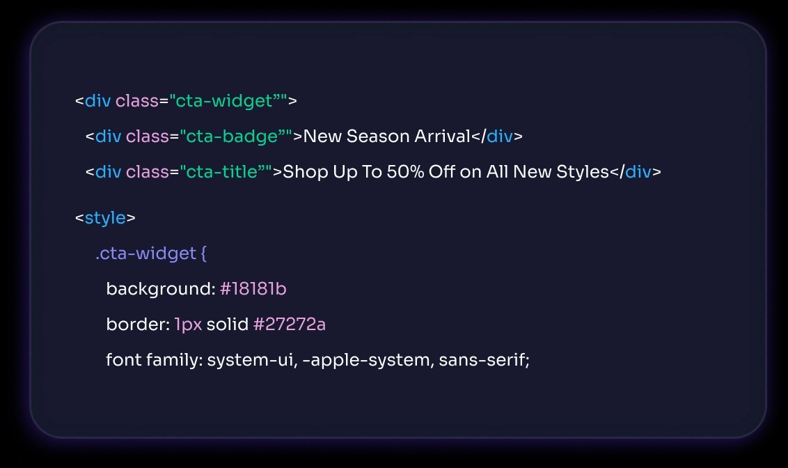 HTML and CSS for a promotional widget in the code editor