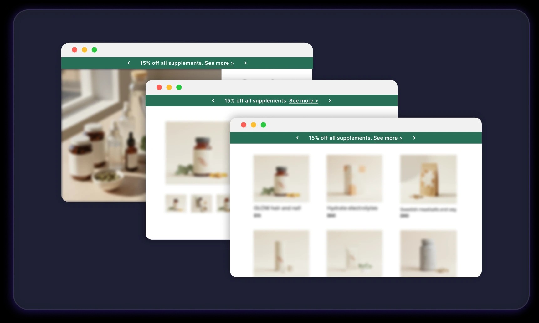Three collection page designs with different promo banners