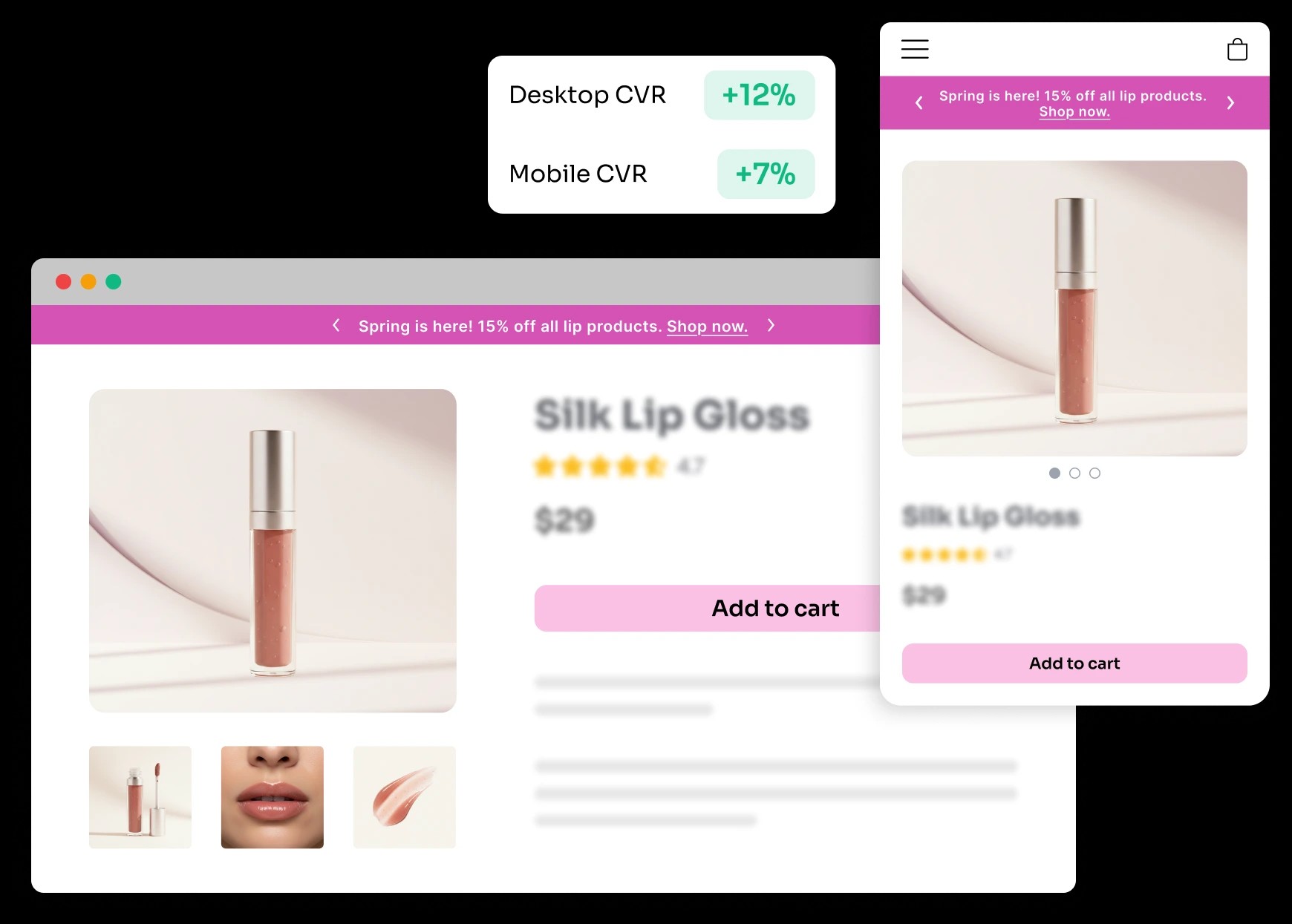 Lip gloss product page on desktop and mobile with conversion rate lifts of 12% and 7%