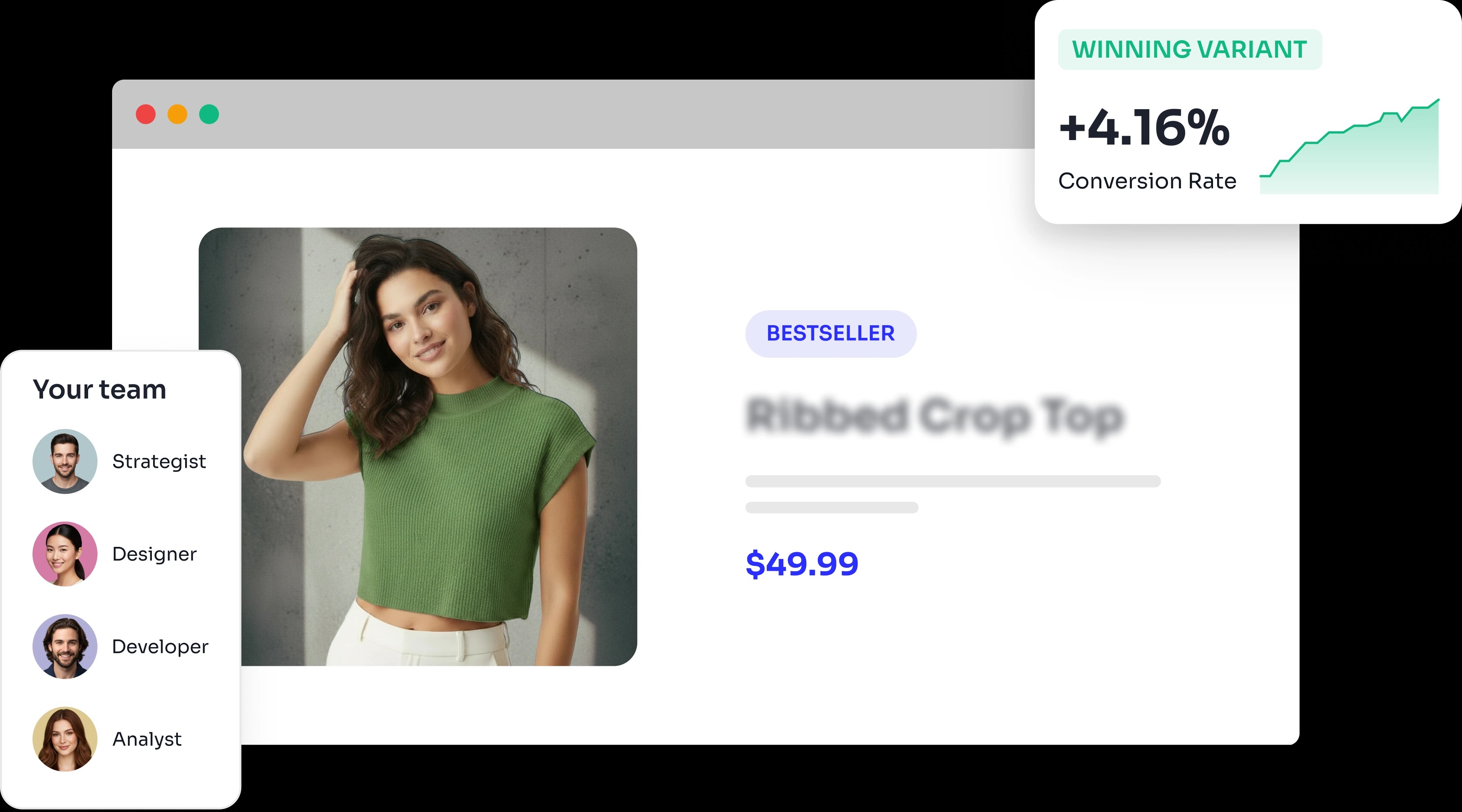 A product page test showing a winning variant with a +4.16% conversion rate, run by your CRO team