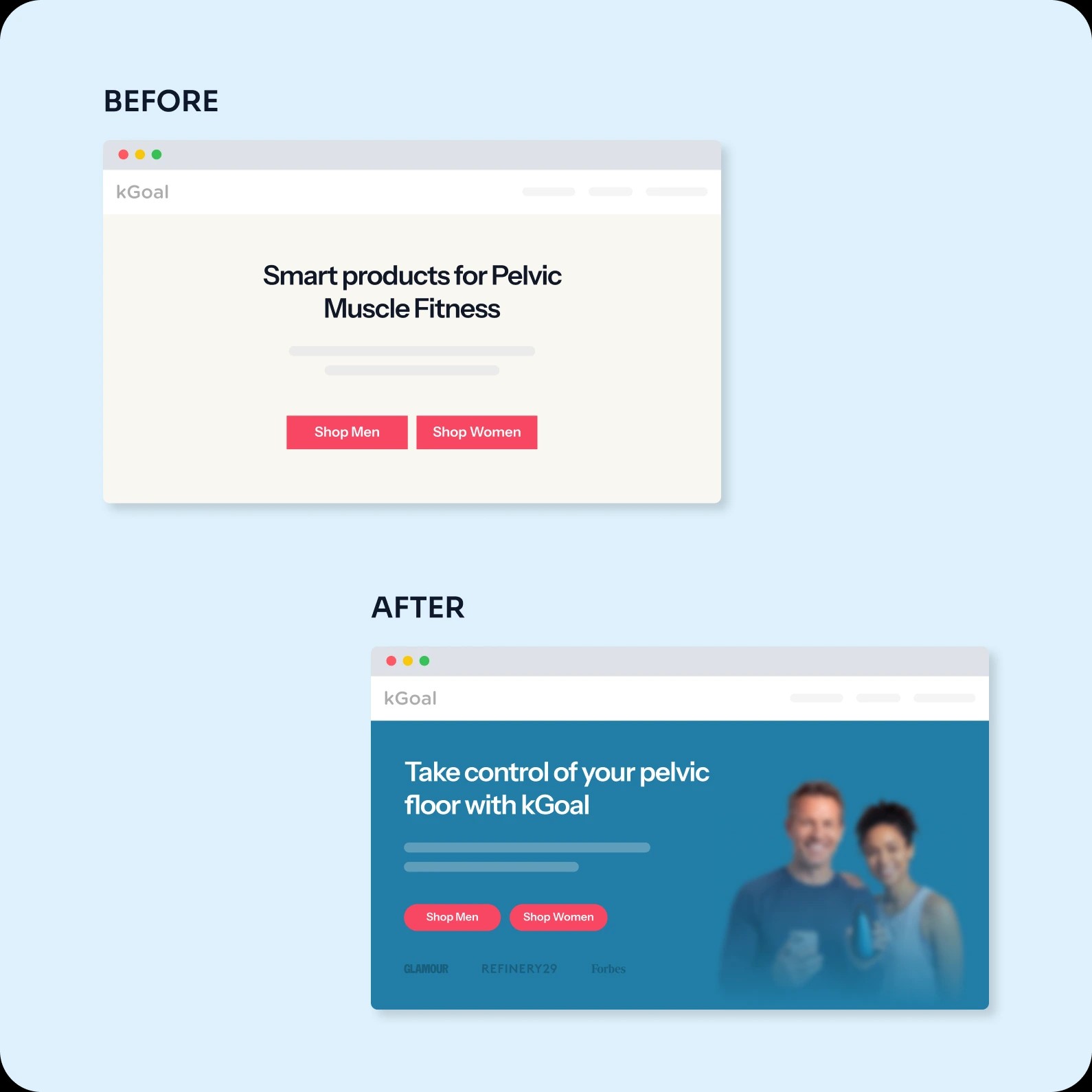 kGoal homepage before and after the winning test