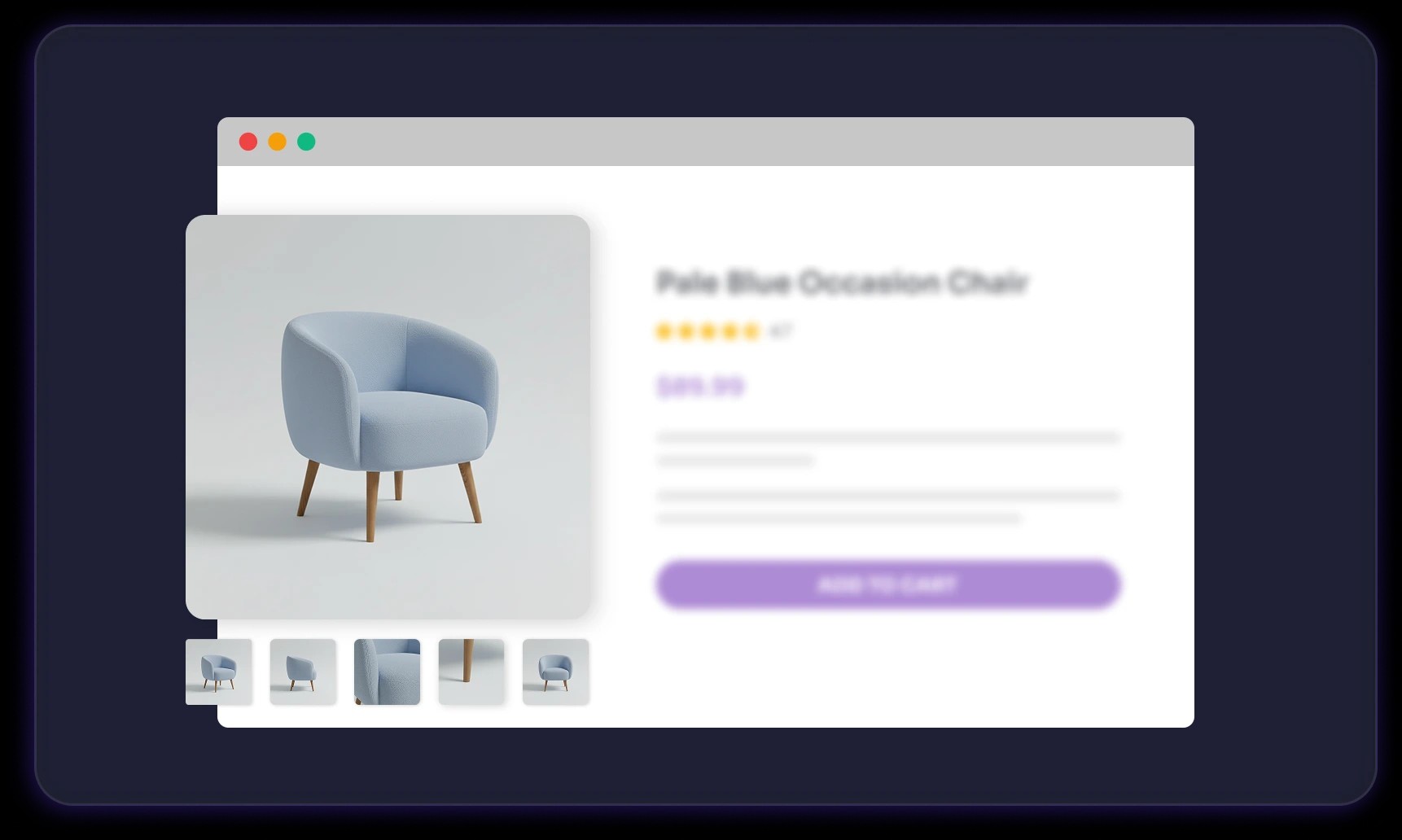 Product page for an accent chair with an image gallery and add-to-cart button