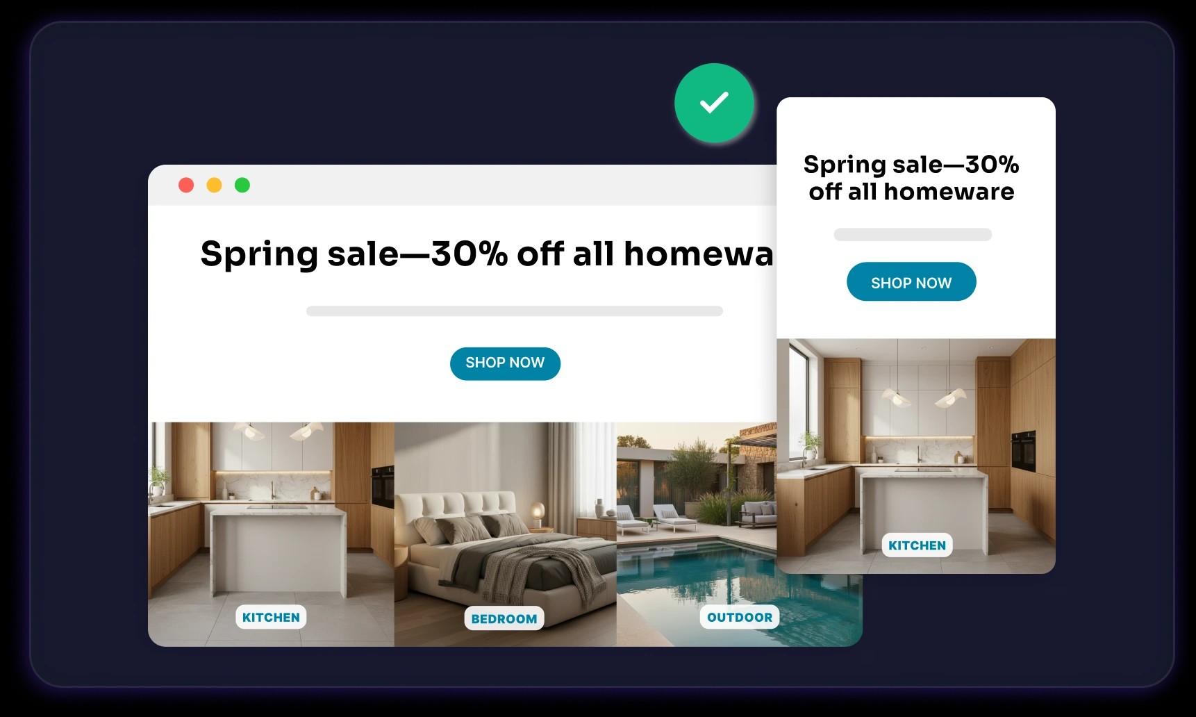 Homeware sale page rendered on desktop and mobile with a passing check