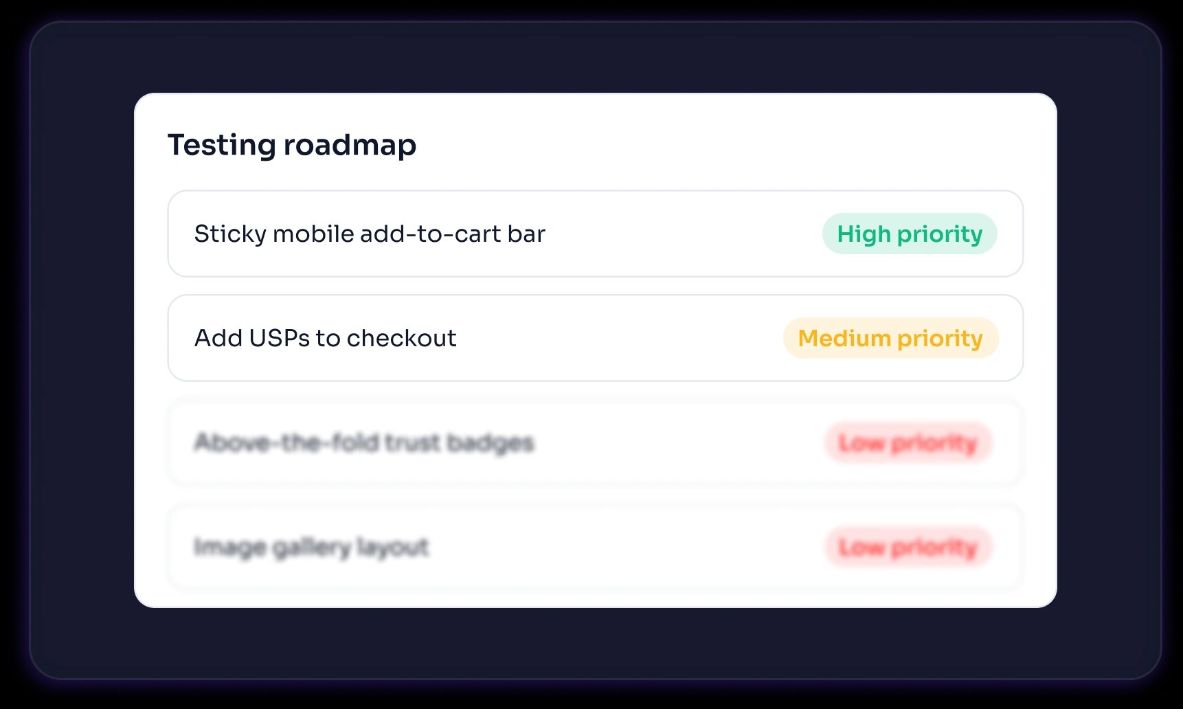 Testing roadmap with tests ranked by priority