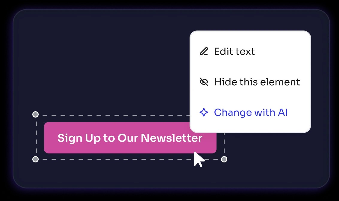 Visual editor menu to edit, hide, or change a selected newsletter button with AI